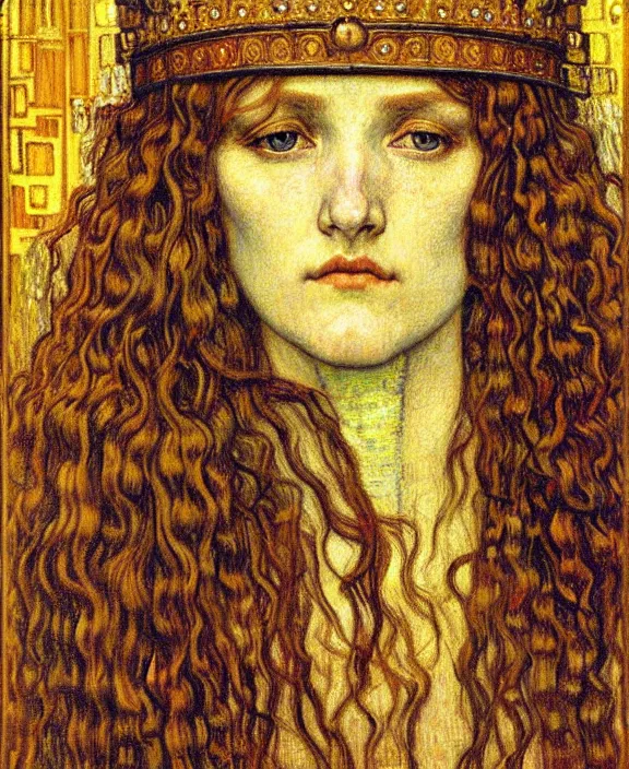 Image similar to detailed realistic beautiful young medieval queen face portrait by jean delville, gustav klimt and vincent van gogh, art nouveau, symbolist, visionary, gothic, pre - raphaelite, muted earthy colors, desaturated