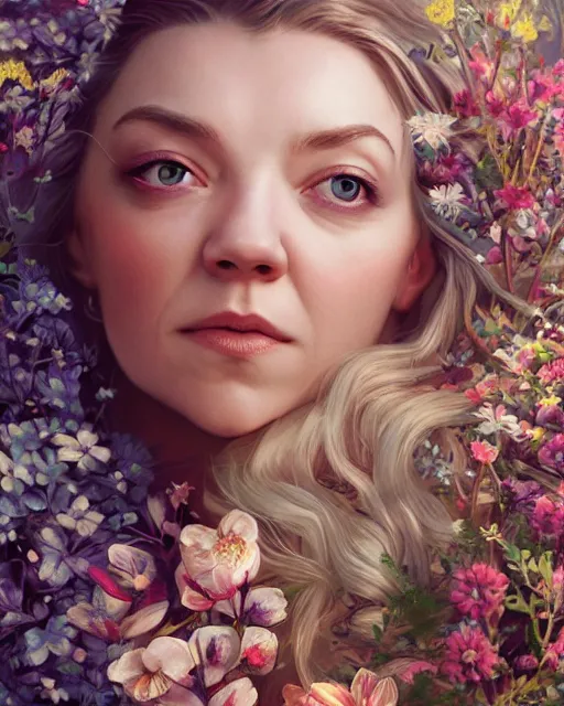 Image similar to portrait of natalie dormer, surrounded by flowers by karol bak, james jean, tom bagshaw, rococo, sharp focus, trending on artstation, cinematic lighting, hyper realism, octane render, 8 k, hyper detailed.