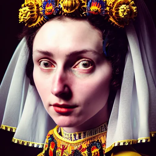 Image similar to Colour Caravaggio style Photography of Highly detailed beautiful Woman with 1000 years perfect face and wearing detailed Ukrainian folk costume designed by Taras Shevchenko also wearing highly detailed retrofuturistic Tiara designed by Josan Gonzalez. Many details In style of Josan Gonzalez and Mike Winkelmann and andgreg rutkowski and alphonse muchaand and Caspar David Friedrich and Stephen Hickman and James Gurney and Hiromasa Ogura. Rendered in Blender and Octane Render volumetric natural light