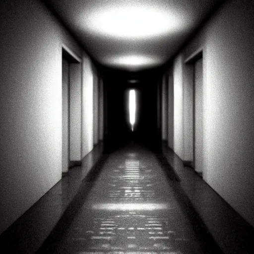 Prompt: photograph of an extremely dark narrow hallway with glowing humanoid cryptid made out of black and white static, dark deep black shadows, red and black color contrast in the style of trevor henderson, liminal space, 3 d octane render, glitch effect