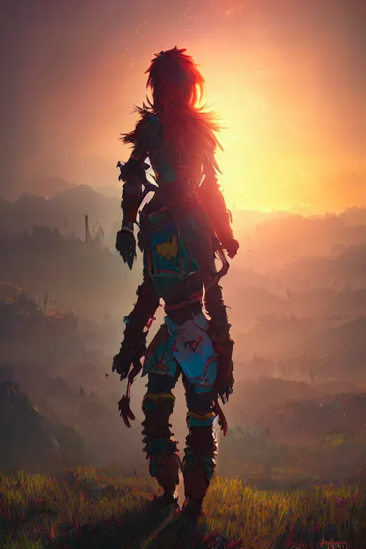 Image similar to combination suit armor aloy horizon forbidden west horizon zero dawn radiating a glowing aura global illumination ray tracing hdr fanart arstation by ian pesty and alena aenami artworks in 4 k tribal robot ninja mask helmet backpack