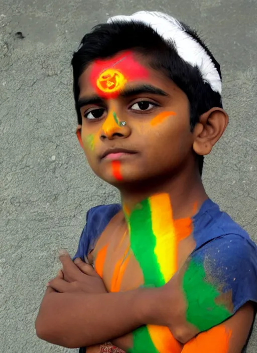 Prompt: a young indian boy with saffron white and green stripes painted on his face, indian flag, chakra in the center