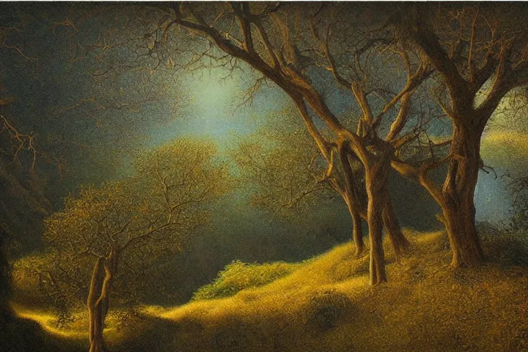 Image similar to masterpiece painting of oak trees on a hillside overlooking a creek, dramatic lighting, by agostino arrivabene