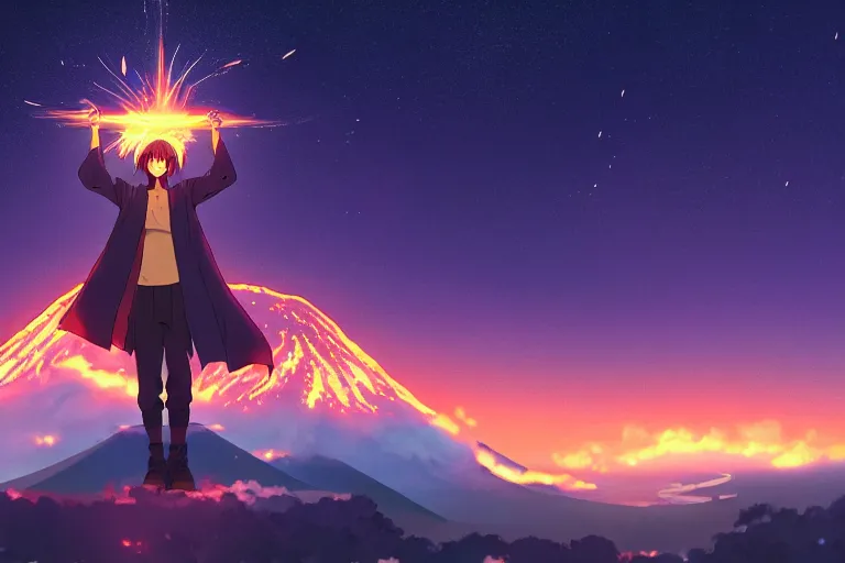 Image similar to levitating sorcerer, opening a shining portal, night sky, horizon of an erupting volcano, in the style of makoto shinkai