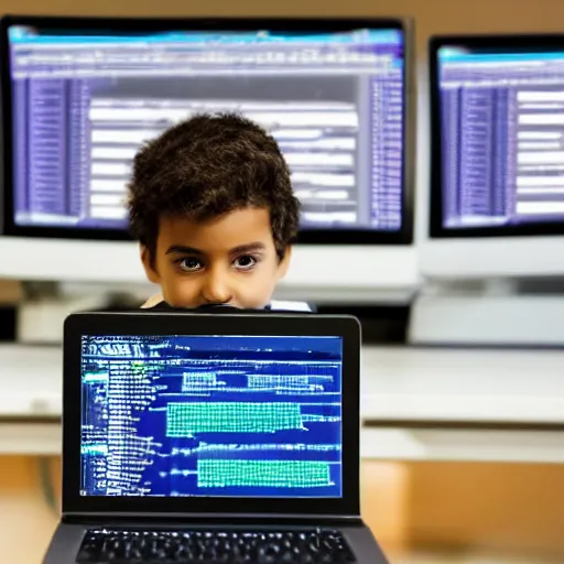 Image similar to a boy coding in a celestial computer to save the universe