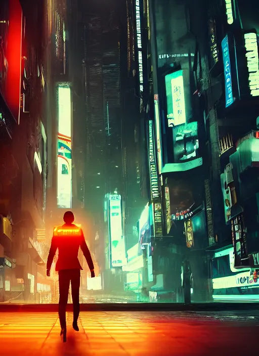 Image similar to a 3D render of an android with glowing lights walking down the street in New York City, bokeh, Canon 50mm, cinematic lighting, volumetric light, octane, octane render, redshift render, cyberpunk, Blade Runner, Blade Runner 2049