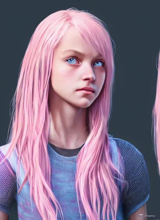 Prompt: highly detailed concept art for the main character in the award winning film named life is better in pink. the character is a unnaturally beautiful teenage girl with extremely detailed deep light blue eyes and long curled pink dyed hair, wearing light pink clothes. realistic cg render, anatomically correct, high key lighting, trending on art station, vibrant colors.