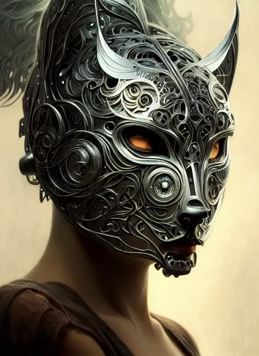 Image similar to organic cyborg, wolf mask opening to reveal radiant beautiful face, diffuse lighting, fantasy, intricate, elegant, highly detailed, lifelike, photorealistic, digital painting, artstation, illustration, concept art, smooth, sharp focus, art by John Collier and Albert Aublet and Krenz Cushart and Artem Demura and Alphonse Mucha