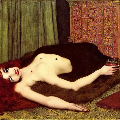 Image similar to reclining on bed, hybrid of judy garland and lady gaga, aged 2 5, brown fringe, huge downslanted eds eyes, large full lips, wide shot, yellow ochre ornate medieval dress, john william waterhouse, kilian eng, rosetti, john everett millais, william holman hunt, william morris, 4 k