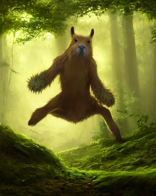 Prompt: oil painting of Anthropomorphized Capybara Druid casting green magic spell, wearing leaf cloak, glowing eyes, sharp focus, fantasy style, octane render, volumetric lighting, 8k high definition, by greg rutkowski, highly detailed, trending on art Station, magic the gathering artwork, magical forest backround, centered