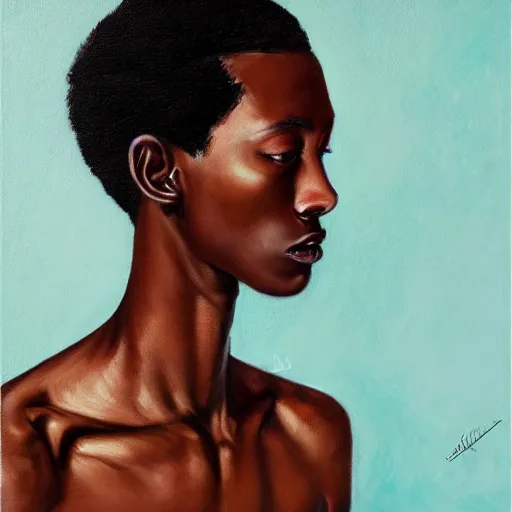 Prompt: A portrait of a skinny stylish and attractive non-binary person, dark black skin tone, oil painting, majestic, detailed, high resolution