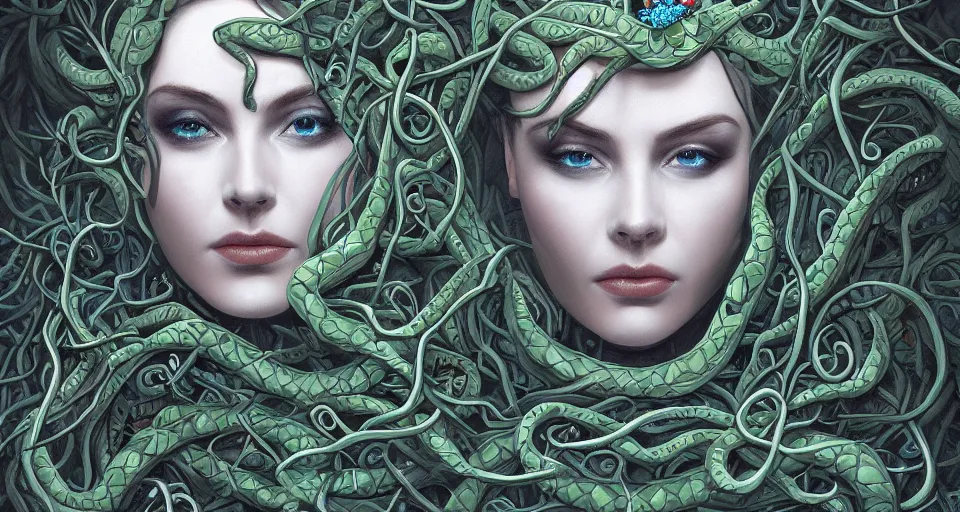 Prompt: detailed portrait of the queen of snakes, realism, pale blue, emerald, sapphire, wearing a crown of vines, nest of vipers, moonlit, dark fantasy, dramatic lighting, cgsociety, artstation