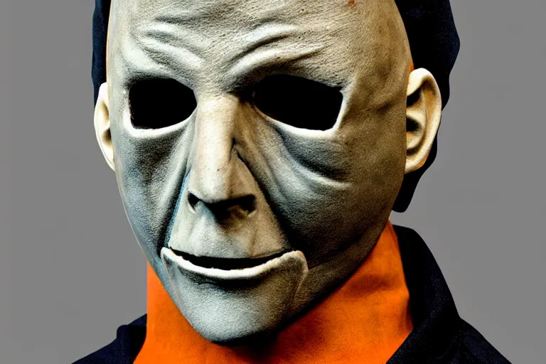 Prompt: michael myers mask on a stand, new halloween series version, side profile, worn out, dirty, vibrant, high detail, realistic, scary, frightening