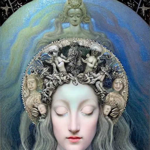 Prompt: baroque neoclassicist renaissance portrait of beautiful moon goddess with stars in her hair, reflective detailed textures, glittering silver ornaments, dark fantasy science fiction painting by diego rivera and jean delville and ruan jia and nicholas roerich and annie swynnerton, dramatic lighting, gleaming silver, soft muted blue and green color palette, floral tattoos, artstation