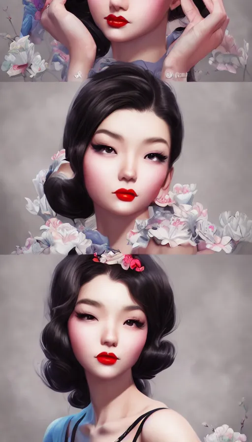 Image similar to a pin up and beautiful fashion and charming and dreamlke asian girl, lv jewelry, art by artgerm & jeehyung lee & wlop, hyperdetailed, 8 k realistic, symmetrical, frostbite 3 engine, cryengine, dof, trending on artstation, digital art