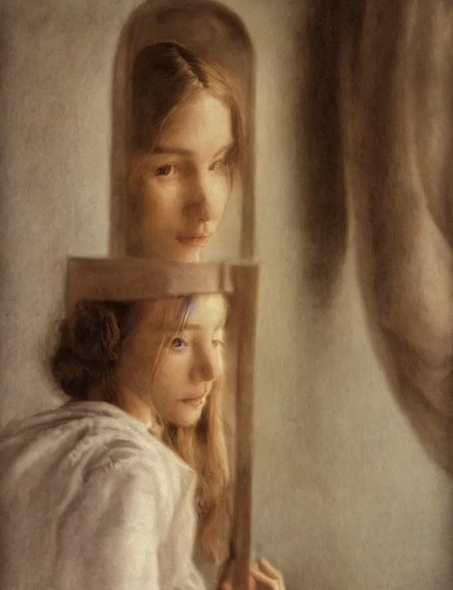 Image similar to portrait of peasant girl looking in a mirror, Cinematic focus, Polaroid photo, vintage, neutral colors, soft lights, foggy, by Steve Hanks, by Serov Valentin, by lisa yuskavage, by Andrei Tarkovsky 8k render, detailed, oil on canvas