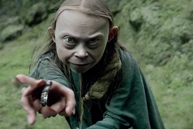 Prompt: greta thunberg as gollum, holding the ring, still shot from the new lord of the rings movie