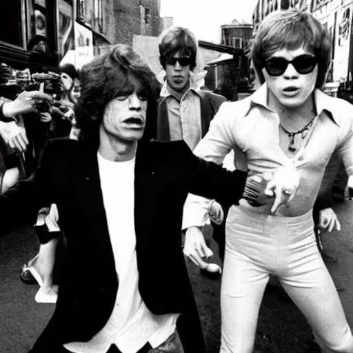 Image similar to Mick Jagger fighting Elton John in the street. 1978. Still from CNN broadcast news