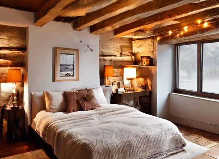 Prompt: cozy bedroom, nighttime, warm lighting, books, exposed beam ceiling, low lighting