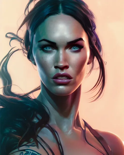 Image similar to highly detailed vfx portrait of megan fox as venom, stephen bliss, unreal engine, greg rutkowski, loish, rhads, beeple, makoto shinkai and lois van baarle, ilya kuvshinov, rossdraws, tom bagshaw, alphonse mucha, global illumination, detailed and intricate environment