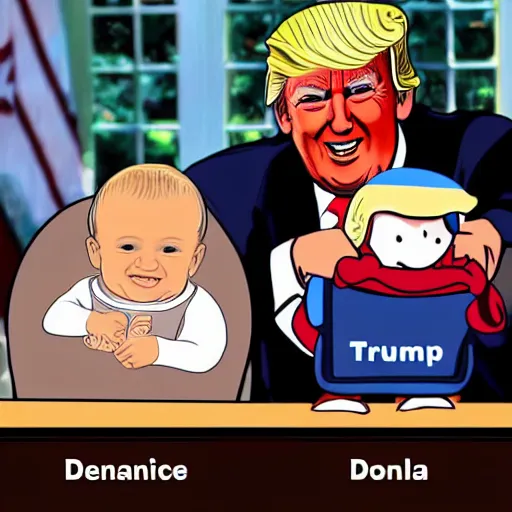 Image similar to donald trump is a baby in a highchair with chocolate pudding on his face