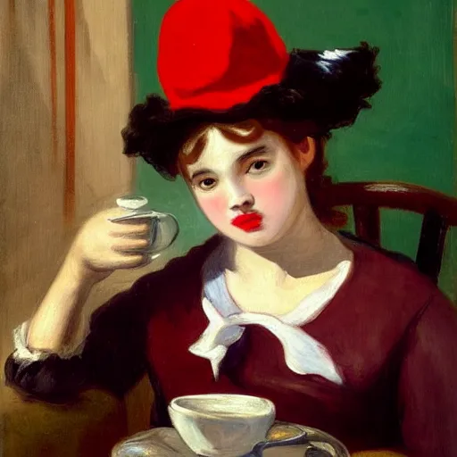 Image similar to fancy cow with a red hat on her head sitting in front of a parisian coffee shop drinking coffee, eugène delacroix painting, 4k, realistic,