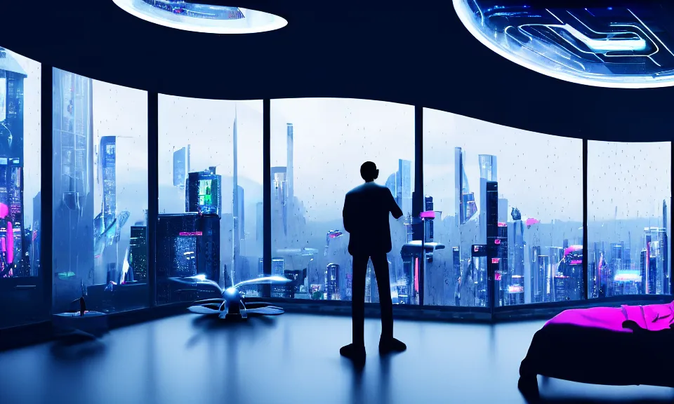 Image similar to a futuristic bedroom with large curved ceiling high windows looking out to a far future cyberpunk cityscape, a man standing at the window, flying futuristic drones outside, cyberpunk neon lights, raining, scifi