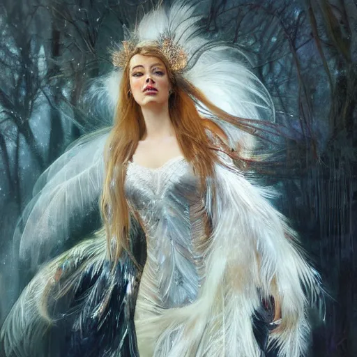 Image similar to hyperrealistic portrait of a woman as amber heard as the winter witch wearing white swan dress long feathers and sapphire jewellery by jeremy mann and alphonse mucha, fantasy art, photo realistic, dynamic lighting, artstation, poster, volumetric lighting, very detailed faces, 4 k, award winning