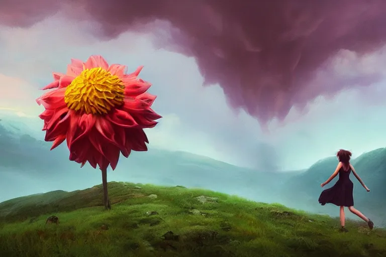 Image similar to giant dahlia flower over head, girl walking on mountain, surreal photography, stars, dramatic light, impressionist painting, storm clouds, digital painting, artstation, simon stalenhag