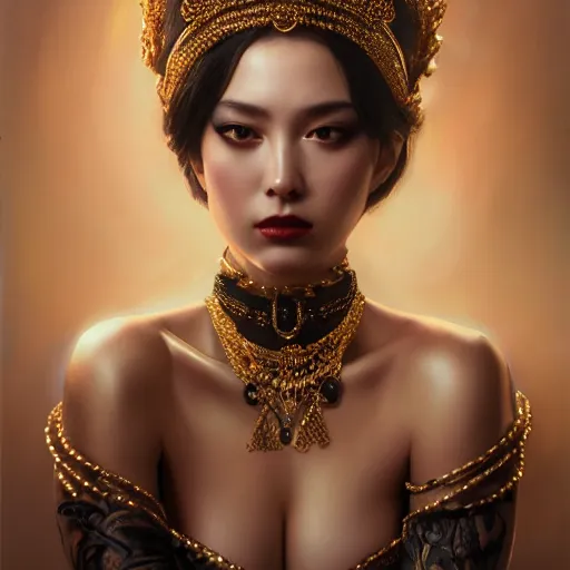 Prompt: expressive oil painting, of alluring european princess, seductive look, smooth glowing skin, glistening body, love, adoration, ornate headpiece of black beads, choker, glamour shot, tattoos, by yoshitaka amano, by greg rutkowski, by jeremyg lipkinng, by artgerm, digital art, octane render