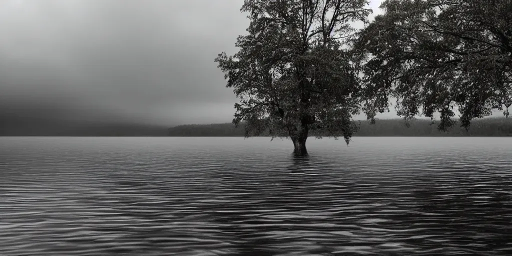 Prompt: centered photograph of a infintely long rope zig zagging across the surface of the water into the distance, floating submerged rope stretching out towards the center of the lake, a dark lake on a cloudy day, moody scene, trees in the background, hyper - detailed photo, anamorphic lens