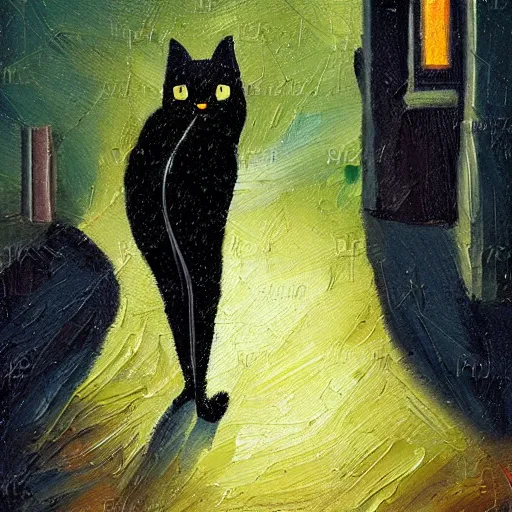 Prompt: stylized oil painting of a black cat with green eyes sitting on a city street at night, illuminated by a street light