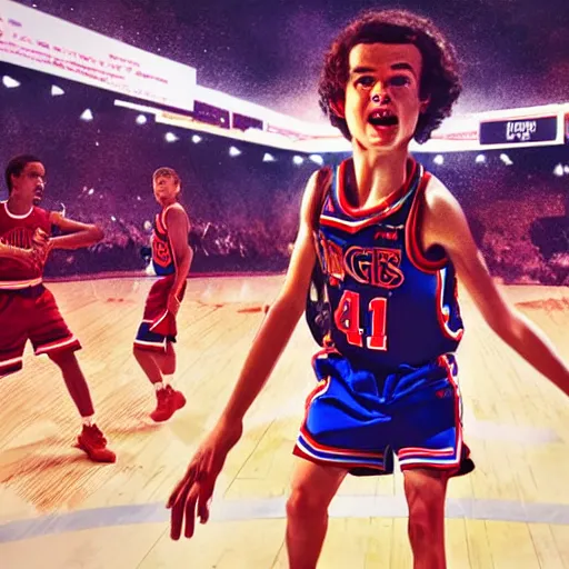 Prompt: Mike from stranger things playing basketball and making a shot in an nba stadium , close up shot, wide angle, lens flares