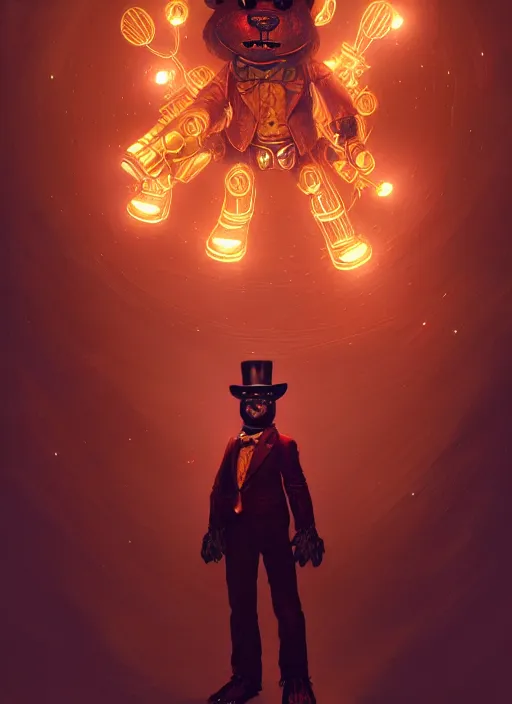 Image similar to freddy fazbear, intricate, elegant, glowing lights, highly detailed, digital painting, artstation, concept art, sharp focus, illustration, art by wlop, mars ravelo and greg rutkowski