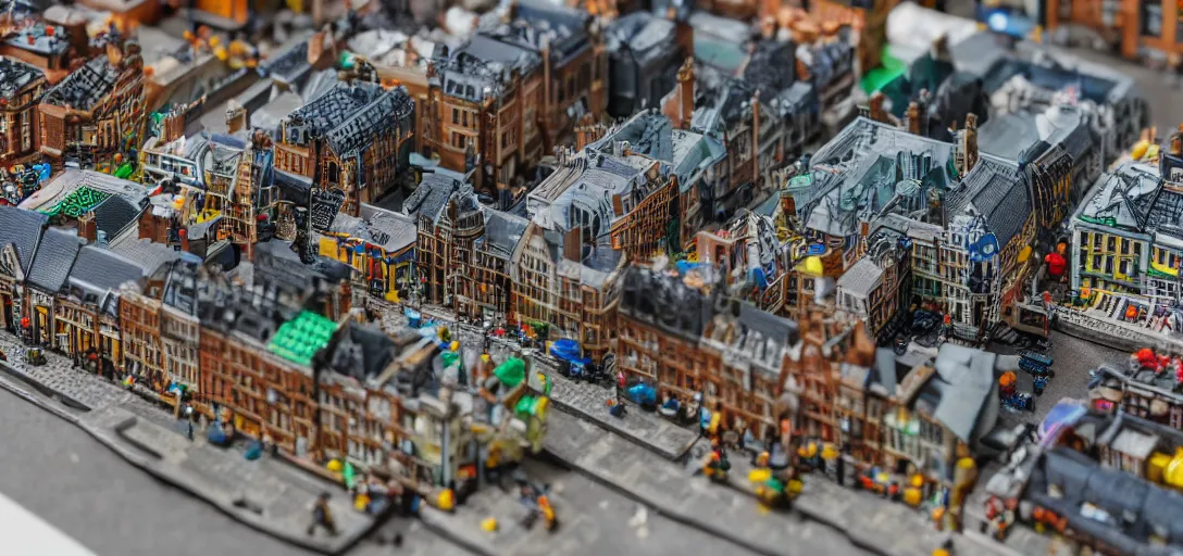 Prompt: detailed lego build of dublin city center on basement table, professional photo, professional lighting, HDR