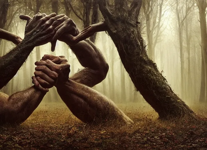 Prompt: photo, arm wrestlers, woodland location, stefan kostic and david cronenberg, realistic, sharp focus, 8 k high definition, intricate, chiaroscuro, elegant, perfect faces, symmetrical face, extremely detailed, hypnotic eyes, realistic, fantasy art, masterpiece zdzislaw beksinski, national geographic, artgerm