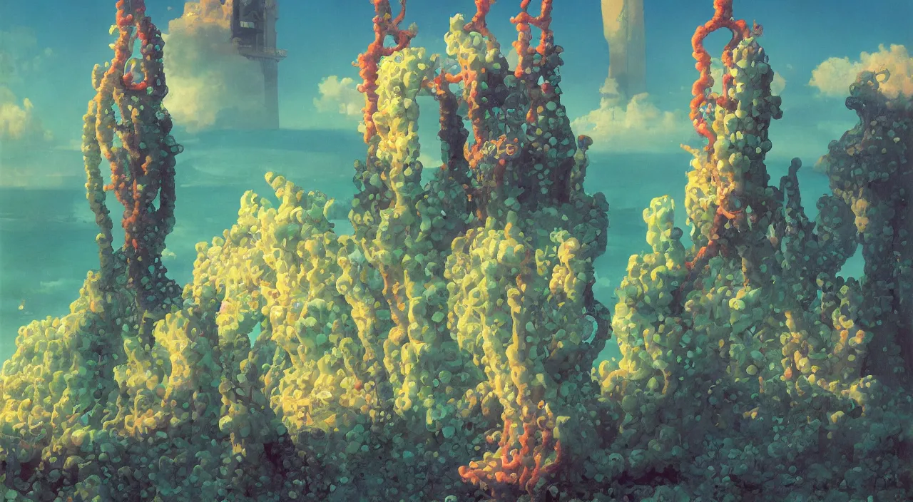 Prompt: single flooded coral tentacle tower, very coherent and colorful high contrast!! masterpiece by rene magritte simon stalenhag carl spitzweg syd mead norman rockwell edward hopper james gilleard, overdetailed, sharp focus, dark shadows, sunny day, hard lighting