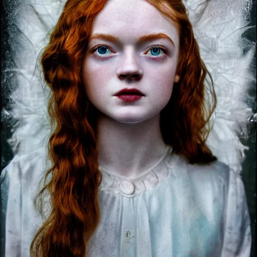 Image similar to sadie sink realistic expired kodak film full body portrait of an angel performer,, hyperrealism, hypermaxiymalism, photorealistic, detailed, atmospheric, 8 k, award winning photography, cinematic