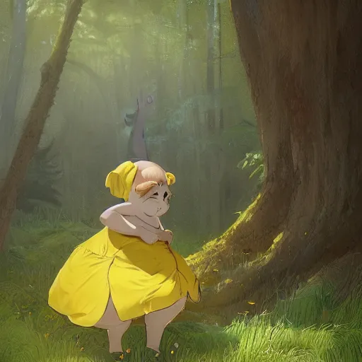 Image similar to concept art painting of an anthropomorphic chubby doe wearing yellow dress, in the deep forest, realistic, detailed, cel shaded, in the style of makoto shinkai and greg rutkowski and james gurney