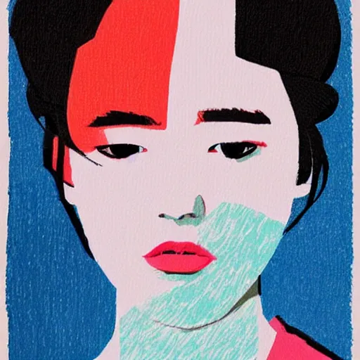 Image similar to A abstract portrait painting in the style of Tatsuro Kiuchi, beautiful woman, flat colour-block style, soft organic abstraction, modern pastel colours