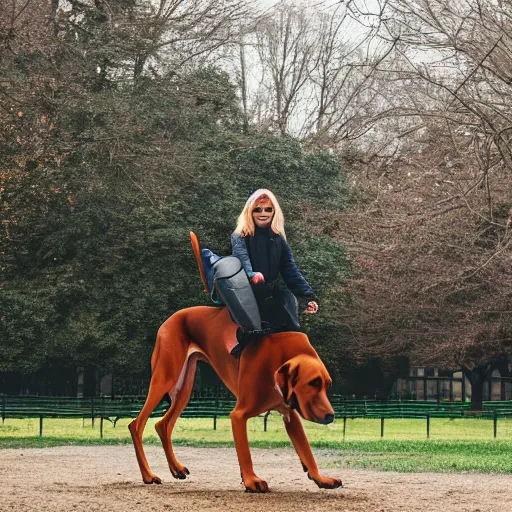 Prompt: girl riding a giant doberman in the park