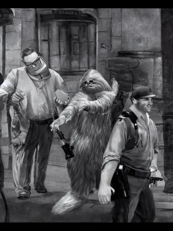 Image similar to rich evans and mike stoklasa save george lucas from a crackhead wookie in 1 9 3 0 s paris, hyperrealistic, 4 k, ultra detailed, intricate detail, octane render, photorealistic.