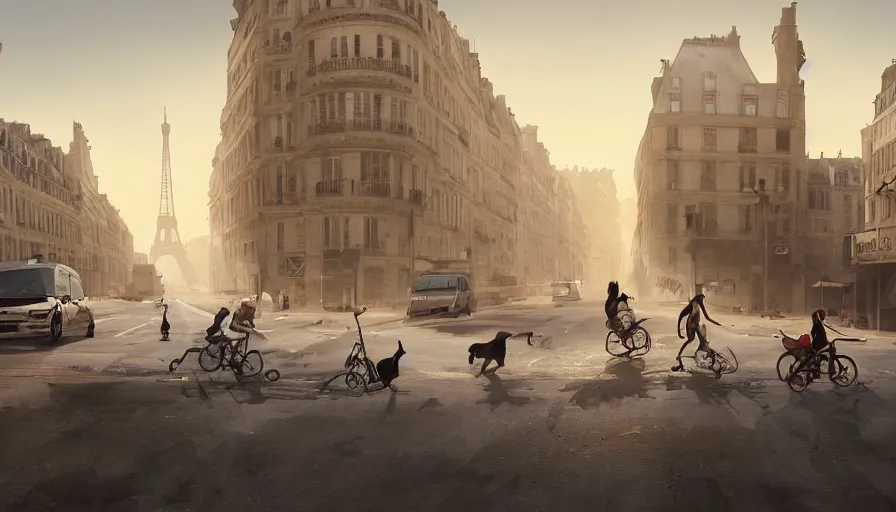 Prompt: cats crossing empty dusty streets of abandoned paris, heat wave, hyperdetailed, artstation, cgsociety, 8 k