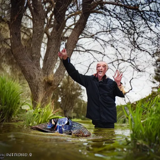 Image similar to elderly man screaming at a turtle, canon eos r 3, f / 1. 4, iso 2 0 0, 1 / 1 6 0 s, 8 k, raw, unedited, symmetrical balance, wide angle