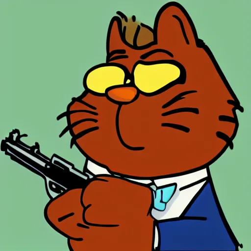 Image similar to Garfield holding a glock, gun,