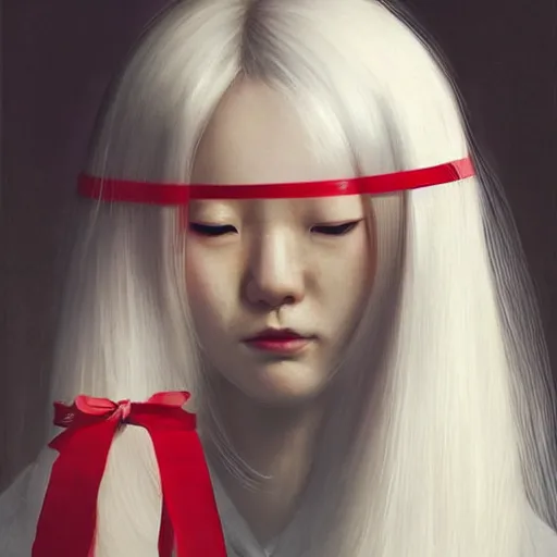 Prompt: Portrait of a japanese young lady with a long white!!!!!!! long white hair (and a red ribbon), Rim Lighting, Lantern, by Sergey Kolesov