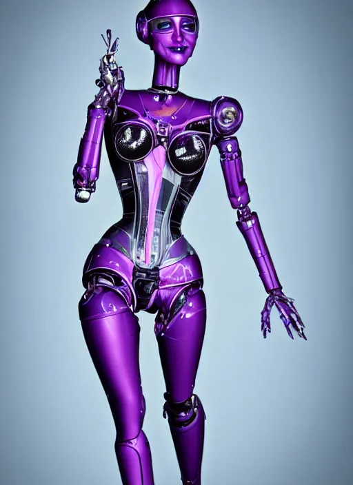 Prompt: beautiful female robot, wearing an intricate purple corset, burlesque, perfect features, anatomically correct, arms by her side, symmetrical facial features, expression of longing for more, elegant, futuristic, fantasy, artsy, digital art,