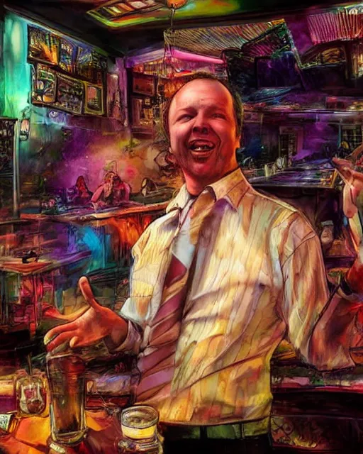 Prompt: doug stanhope in a strip club after eating 3 mg of lsd dof hdr art by aleksi briclot and alexander'hollllow'fedosav and laura zalenga