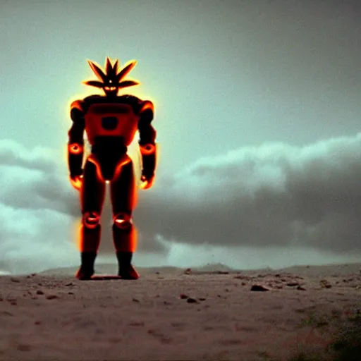 Image similar to movie still of robot goku, cinematic composition, cinematic light, criterion collection, by wes craven