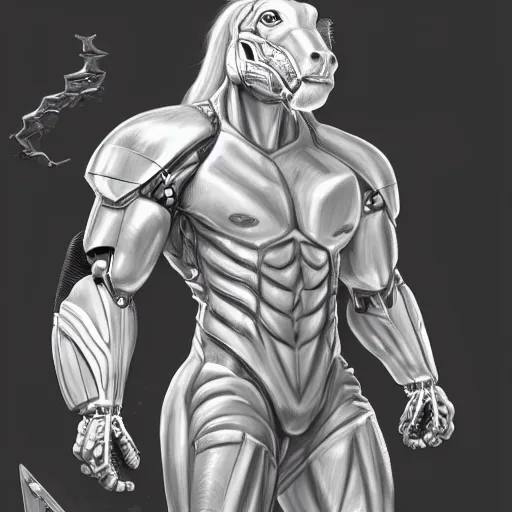 Image similar to an exaggeratedly muscular anthropomorphized horse with a magnificently muscular physique wearing a tight cybernetic armor while protecting a facility, long white mane, equine, anthro art, furaffinity, highly detailed, realistic, digital painting, artstation, sharp focus, concept art, illustration, art by artgerm, greg rutkowski, wlop